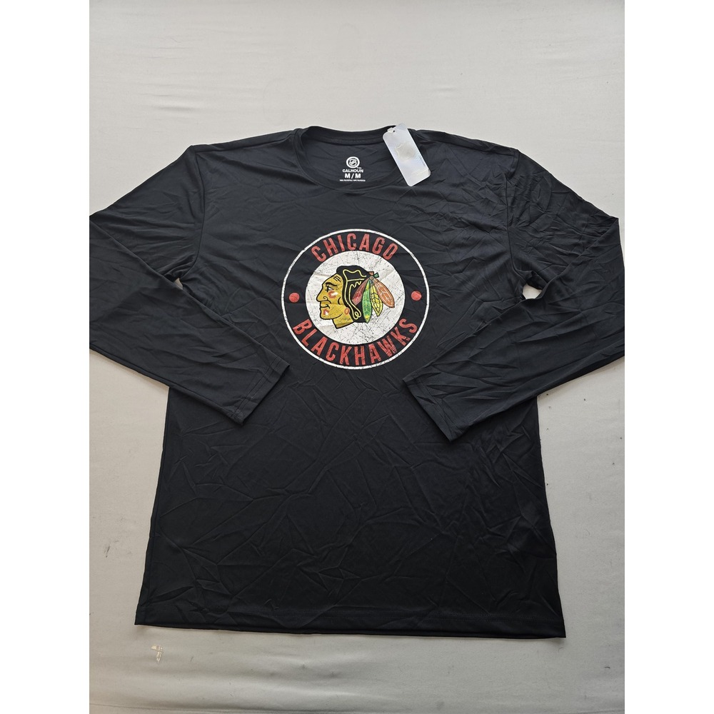 Calhoun NHL Chicago Blackhawks Mens Long Sleeve Shirt Black Distressed Logo M